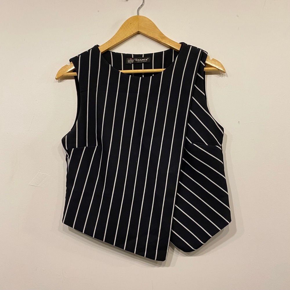 First Chance Black White Pinstripe Asymmetrical Sleeveless Wrap Top Medium